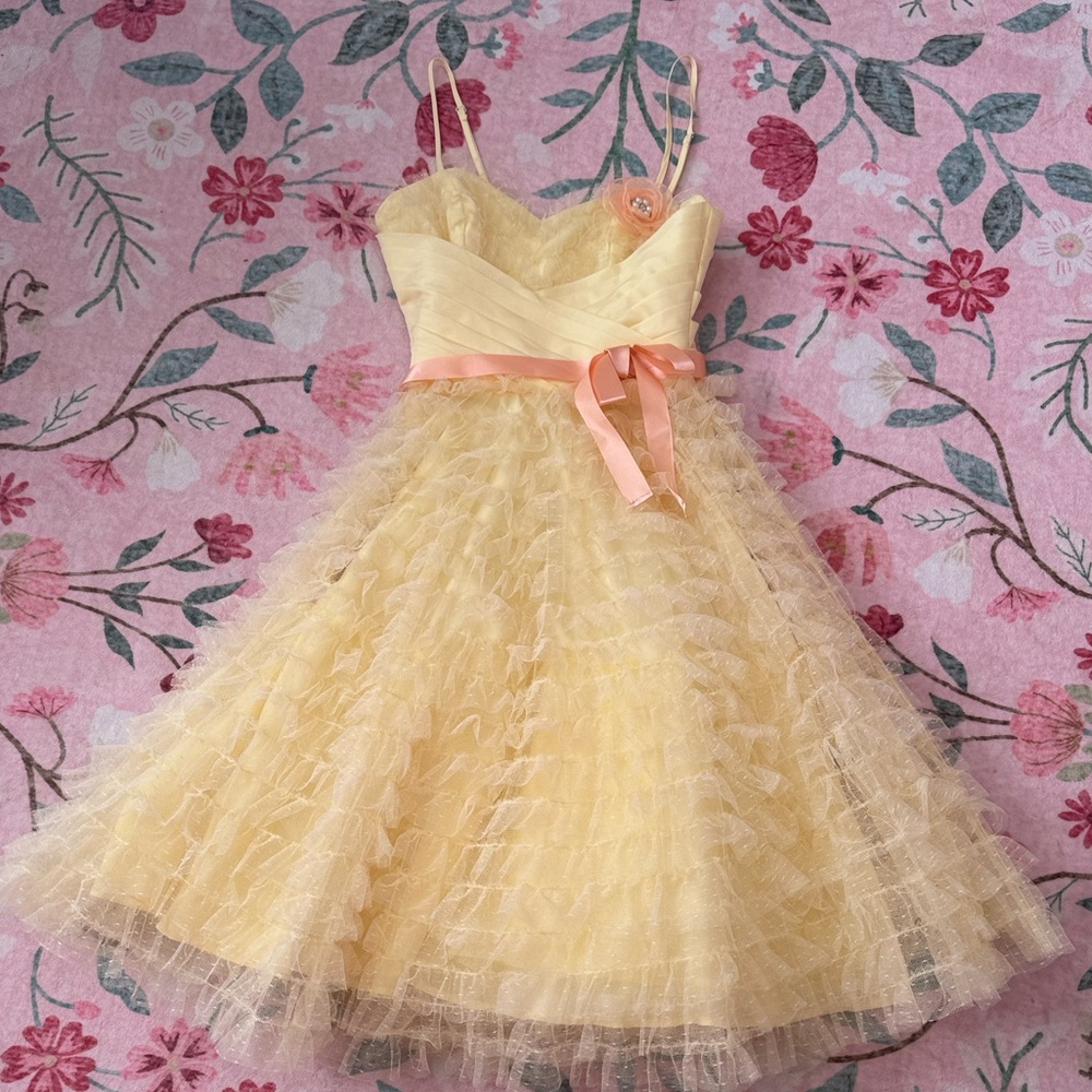 Unique Vintage Yellow Ruffled Tulle Cupcake Dress with Peach Pink Sash